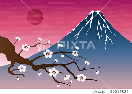 富士山と梅の花の風景イラストのイラスト素材