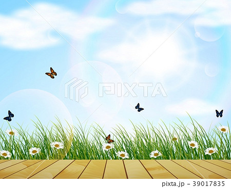 Fresh spring green grass with flower and butterfly - Stock Illustration  [39017835] - PIXTA