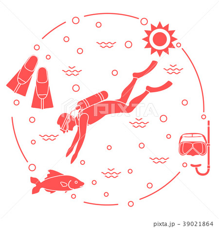 Mask, snorkel, flippers, sun, fish, scuba diver 39021864