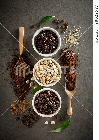 Different varieties of coffee beans with sugar and Different varieties of coffee beans with sugar and 39023587