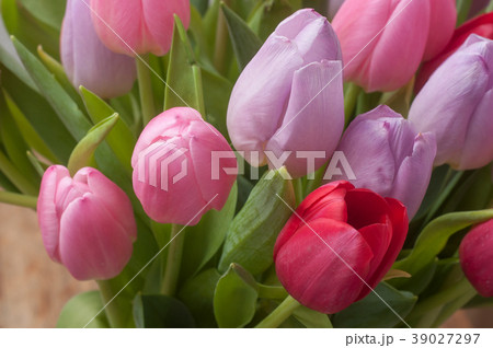 colorful bouquet of tulips in  vase in top view 39027297