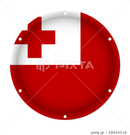 round metallic flag of Tonga with screw holes