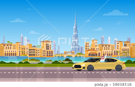 Yellow Taxi Car On Road Over Dubai City Background 39038516