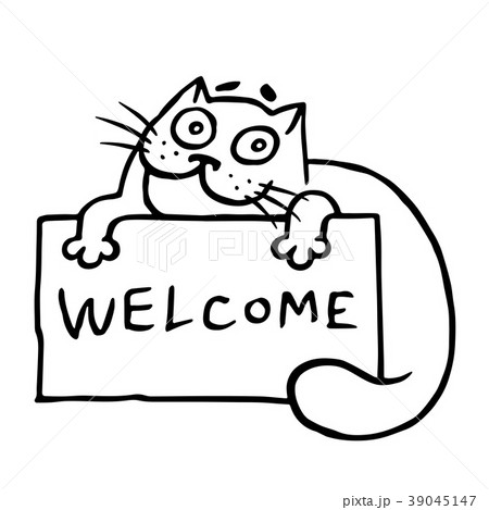 Cute hospitable cat is holding a sign. Vector 39045147