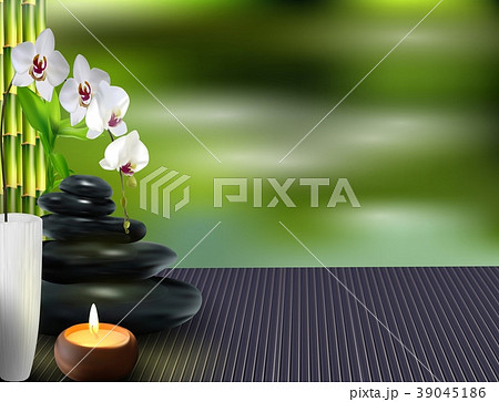 Stone, flower and bamboo on the table background 39045186