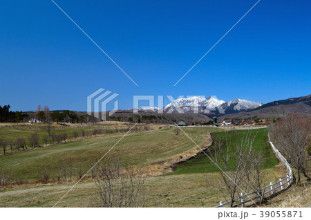 蒜山高原遊牧場と大山の写真素材