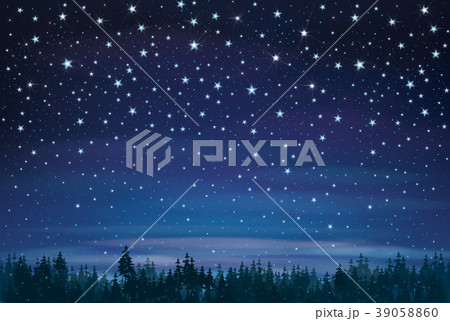 Vector  night starry sky and  forest background. 39058860