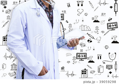 Doctor is using tablet and icon. 39059298