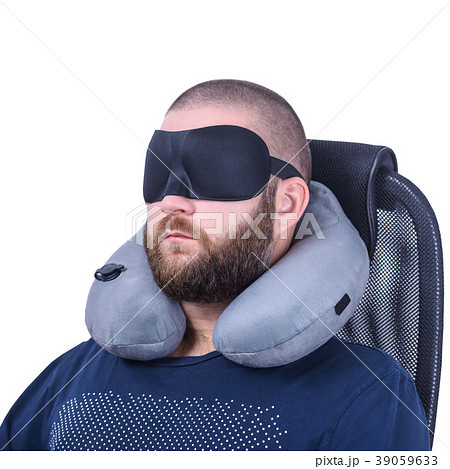 Bearded man with sleeping mask and grey travel 39059633