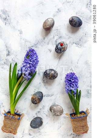 Painted Easter eggs and colorful hyacinths. 39061280