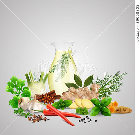 Spices and herbs with a glass bottle 39068805