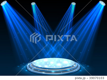 Blue spotlights with white podium on dark backgrou 39070103