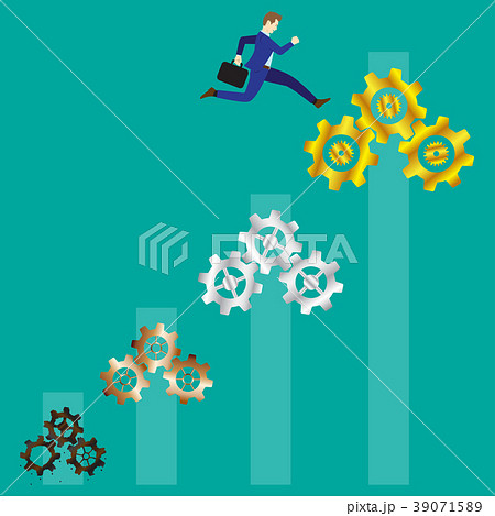 Businessman Jumping To Gold Cogwheels 39071589