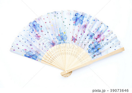 Flower painted folding fan on white background. Flower painted folding fan on white background. 39073646