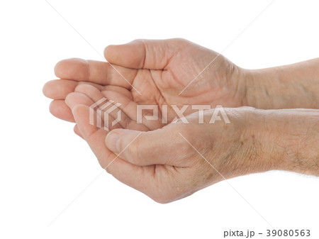 Empty cupped hand of old man Empty cupped hand of old man 39080563