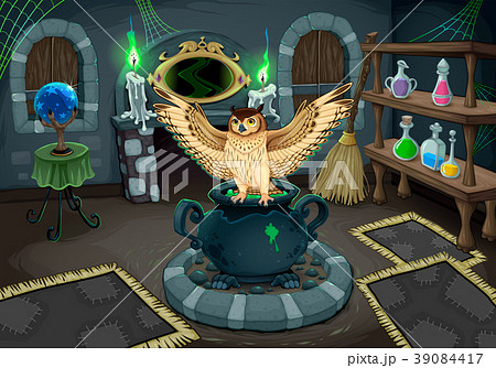 The witch room with owl. Vector illustration 39084417