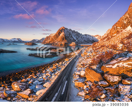 Aerial view of beautiful mountain road near sea Aerial view of beautiful mountain road near sea 39085036
