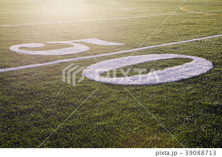 Fifty yard line on green playing field 39088713
