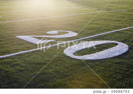 Twenty yard line on green playing field 39088793
