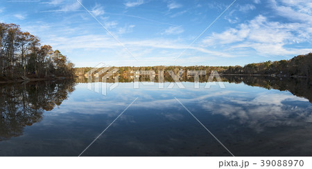 USA, Massachusetts, Cape Cod, Falmouth, Panoramic view of pond with reflection 39088970