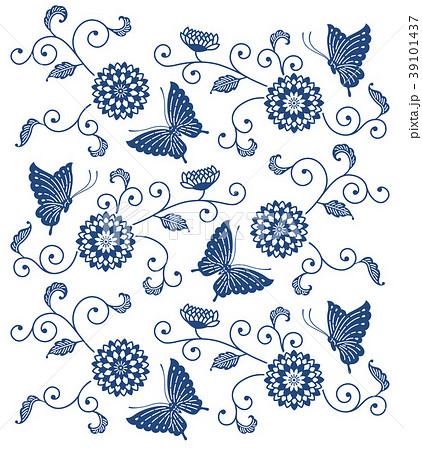 蝶々と花の和風模様イラストのイラスト素材