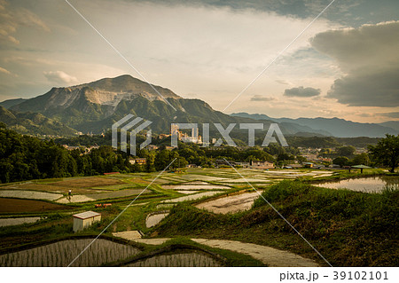 棚田の夕方 逆さに映る武甲山 埼玉県秩父郡横瀬町 の写真素材