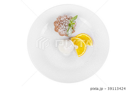 chocolate cake with orange and ice cream isolated chocolate cake with orange and ice cream isolated 39113424