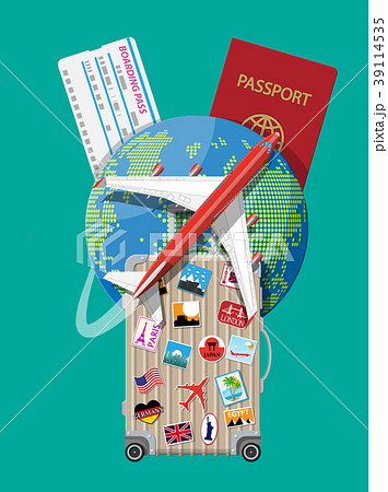 Travel suitcase with stickers and world map Travel suitcase with stickers and world map 39114535