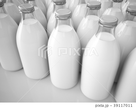 3D rendering row of glass milk bottles 3D rendering row of glass milk bottles 39117011