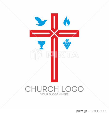 Church logo. Cross, dove, grapes, red, blue, flame 39119332