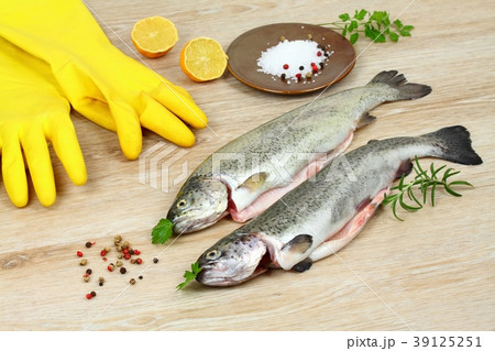 Fresh raw trout fish with spices and rubber gloves Fresh raw trout fish with spices and rubber gloves 39125251