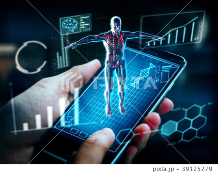 Hands using smartphone with Hologram Human anatomy 39125279