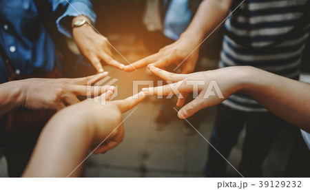 Close view of people Young Friends with stacks  39129232