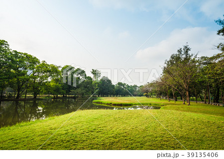 Green grass field with lake in Public Park Green grass field with lake in Public Park 39135406