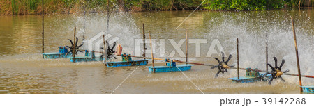 Wheel aerator filling oxygen in water. Wheel aerator filling oxygen in water. 39142288