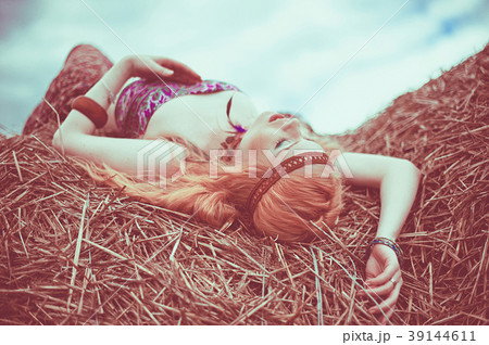 beautiful blond daring young woman with red lips,  39144611