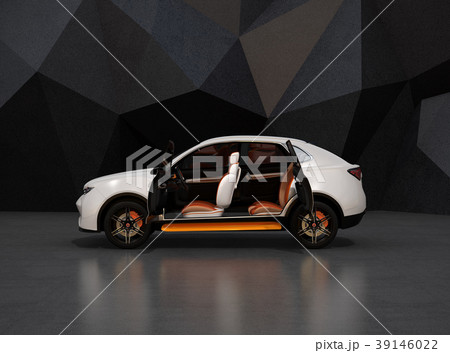 黒いポリゴン背景にパールホワイトの電動SUVのインテリアイメージ。 黒いポリゴン背景にパールホワイトの電動SUVのインテリアイメージ。 39146022