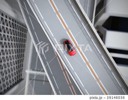 高速道路に走行している赤色の自動運転電動SUVの鳥瞰イメージ 39146036