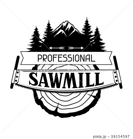 Professional sawmill label with wood stump and saw 39154597