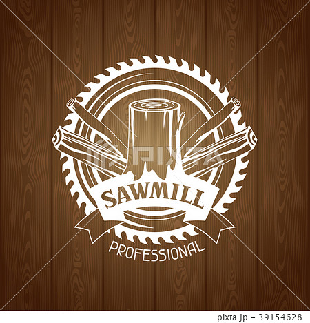 Sawmill label with wood stump and saw. Emblem for 39154628