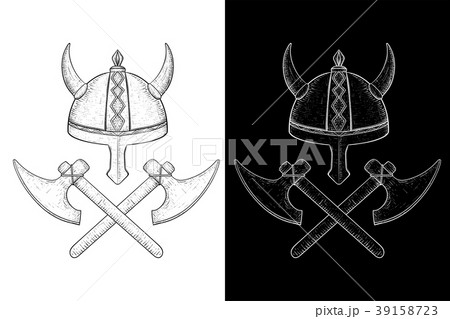 Viking horned helmet and crossed axes. Hand drawn Viking horned helmet and crossed axes. Hand drawn 39158723