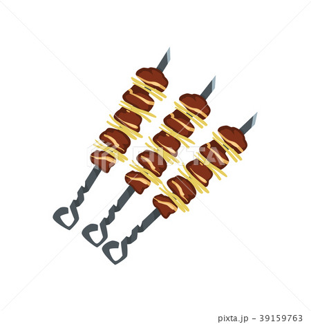 Tasty grilled pork kebabs on metal skewers. Meat 39159763