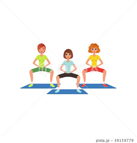 Young girls in sportswear doing squat exercise Young girls in sportswear doing squat exercise 39159779