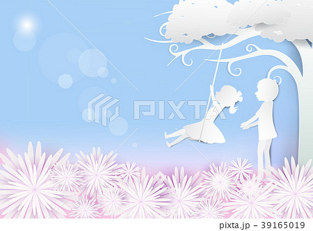 Girl sitting on swing and under the tree with boy Girl sitting on swing and under the tree with boy 39165019