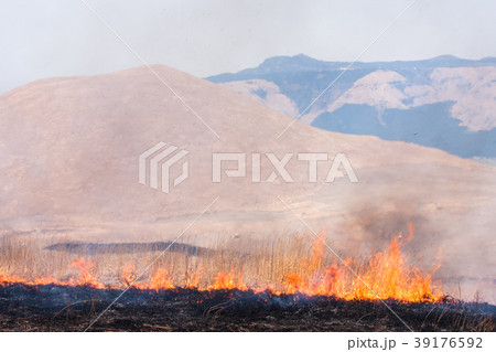 Controlled grass burning near Mount Aso, Japan 39176592