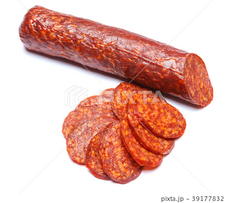Spanish chorizo sausage on white background Spanish chorizo sausage on white background 39177832