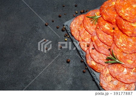 Italian Salami or spanish chorizo on serving board Italian Salami or spanish chorizo on serving board 39177887