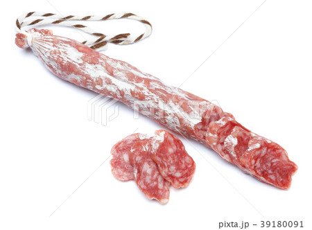 Dried organic salami sausage on white background 39180091
