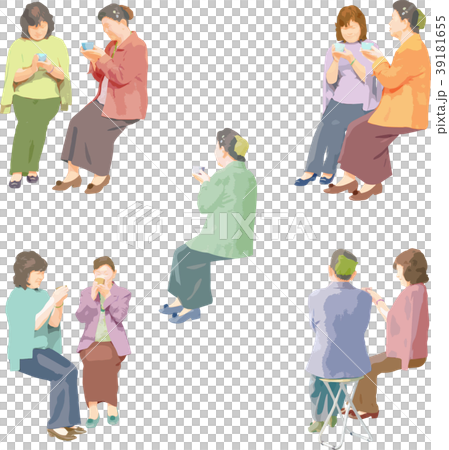 全身人物イラスト_座ってお茶を飲むおばさま 39181655