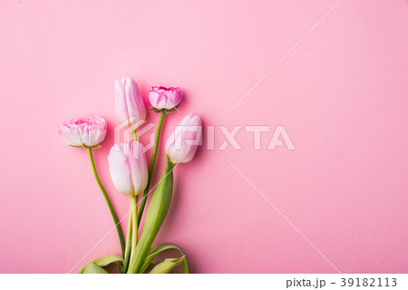 Pink flowers on a pink background. Flat Lay. Copy 39182113